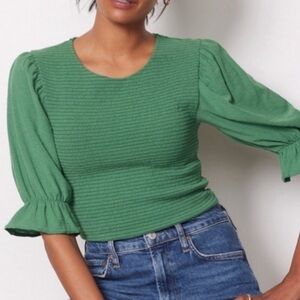 NATION LTD Bardot‎ Gathered Sleeve Tee In Fern Green Smocked Size Small